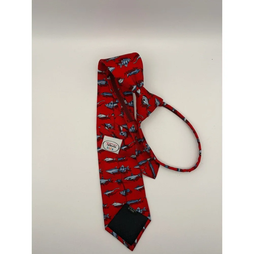 Talbots Kids Boys‎ Red Fish Pattern Zipper Necktie Novelty Aquatic Print Tie
